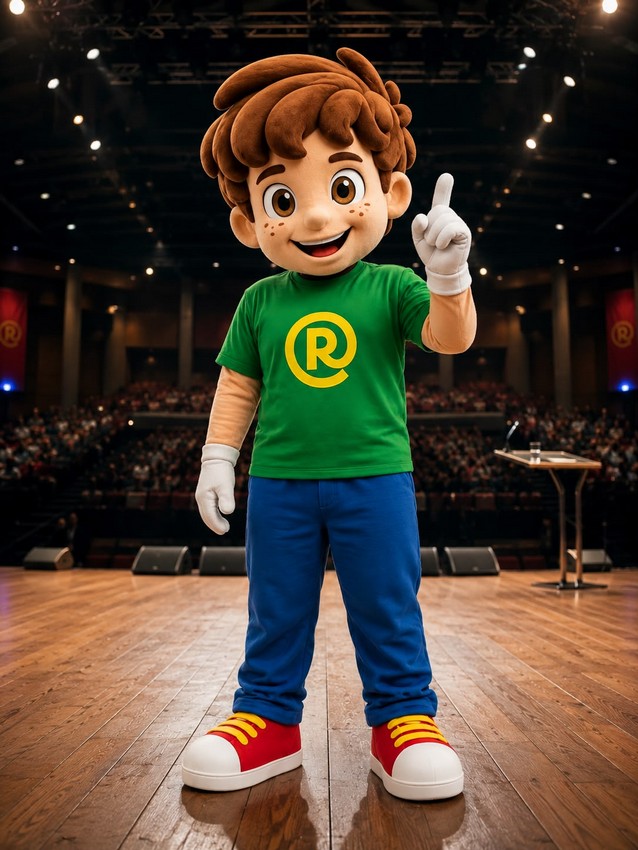 Mascote Recicladinho no palco de um evento, acenando para o público